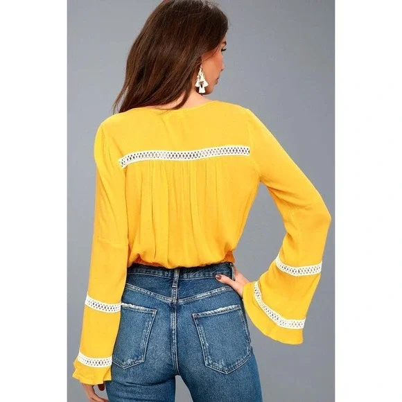 SPRING SALE! Lulus Embroidered Crop Top Yellow Boho Blouse Size Small - Picture 3 of 9